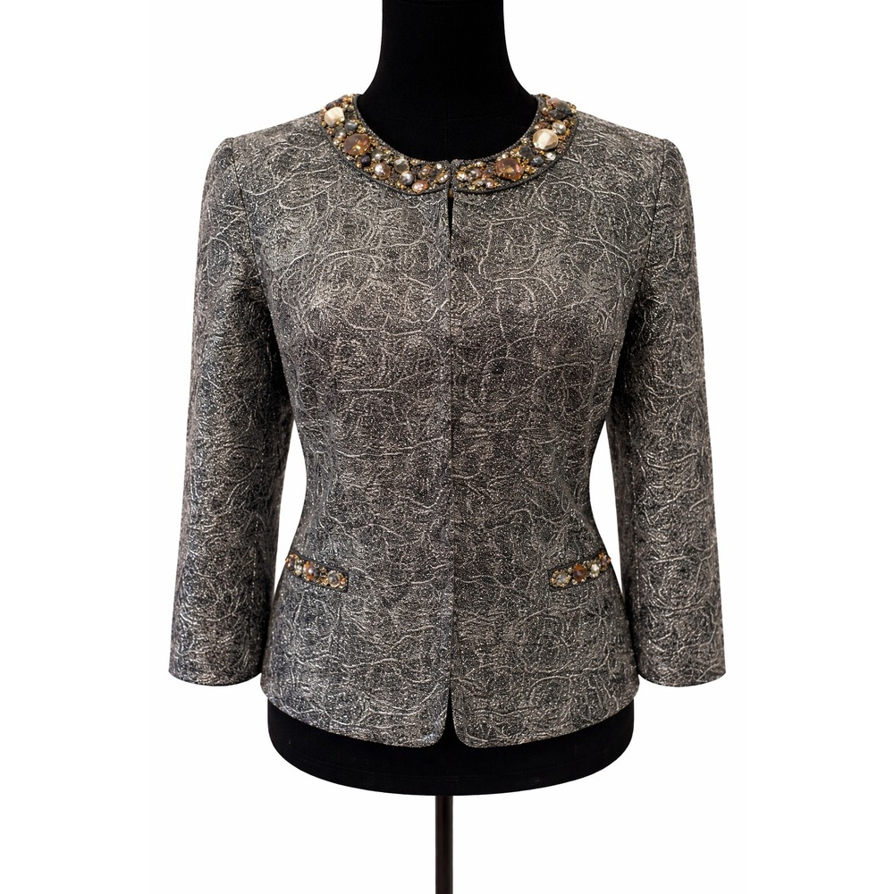 Chico's Womens Jacket Blazer Sz 1 Black Swirl Print 3/4 Sleeve Jeweled Neckline